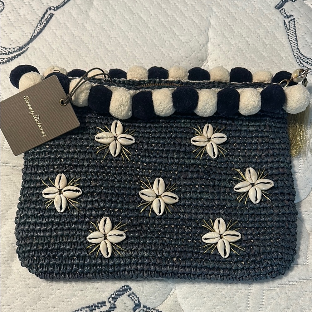 Blue and Cream Woven Clutch with Shell Accents